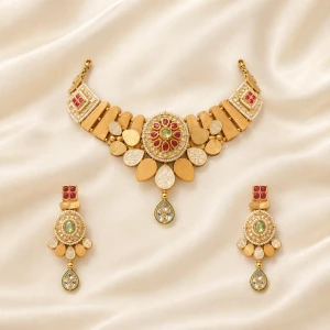 Traditional Kundan and Ruby Gold Necklace Set Main View