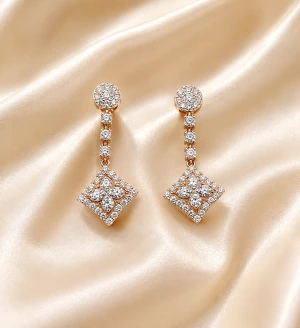 Elegant Diamond-Style Square Drop Earrings for Women – Gold Finish Main View