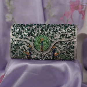 Royal Peacock Design Silver Beaded Clutch Main View