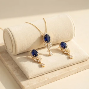 Royal Blue Sapphire and Diamond Pendant & Earring Set Main View