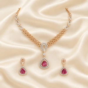 Gold and Ruby Drop Pendant Necklace Set Main View