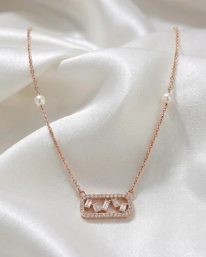 Rose Gold Baguette Stone & Pearl Station Necklace Gallery View