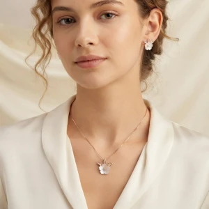 Rose Gold Floral Silver Pendant and Earring Set Main View