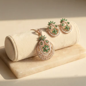Emerald Floral Diamond Pendant and Earrings Set Main View