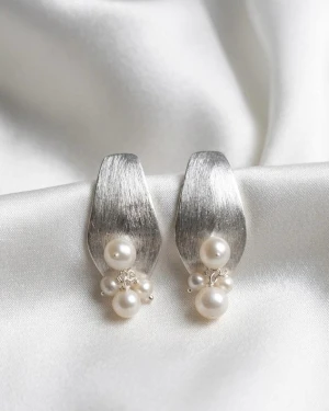 Brushed Silver Pearl Cluster Earrings Main View