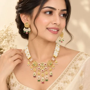 Royal Kundan & Pearl Multi-Strand Necklace Set with Matching Earrings Gallery View