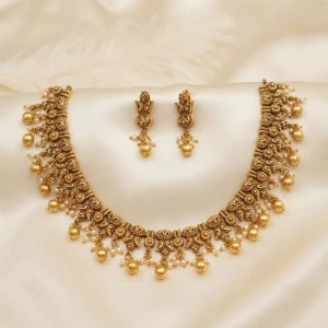 Traditional Gold Floral Filigree Choker Necklace Set with Drop Beads Main View