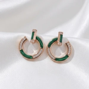 Rose Gold Green Malachite & CZ Circle Earrings Main View