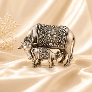 Silver Kamdhenu Cow and Calf Idol Main View
