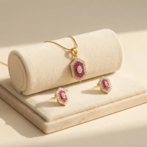Ruby and Diamond Hexagon Pendant & Earring Set Main View