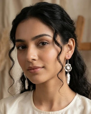 Sterling Silver Floral & Biwa Pearl Drop Earrings Main View