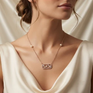Rose Gold Baguette Stone & Pearl Station Necklace Main View