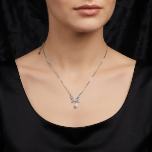 Delicate Butterfly Teardrop Silver Necklace Main View