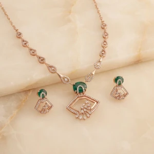 Rose Gold Emerald Diamond Pendant & Earring Set Main View