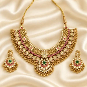 Royal Grandeur Antique Gold Polki Choker Necklace Set Main View