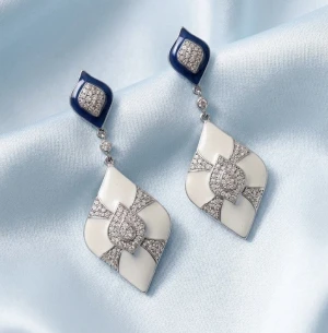 Blue & White Enamel CZ Diamond Drop Earrings Main View