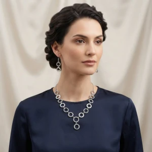 Silver Cubic Zirconia Circle Link Necklace and Earrings Set Gallery View