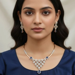 Royal Blue Sapphire Gold Necklace and Earring Set Main View
