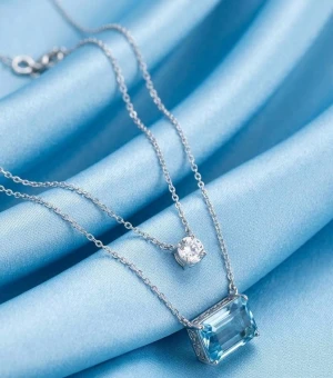 Sterling Silver Layered Blue Aquamarine CZ Necklace Main View