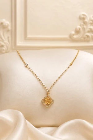 Elegant Floral Square Gold Pendant Necklace for Women Main View