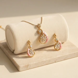 Pink Enamel & Diamond Paisley Pendant & Earring Set Main View