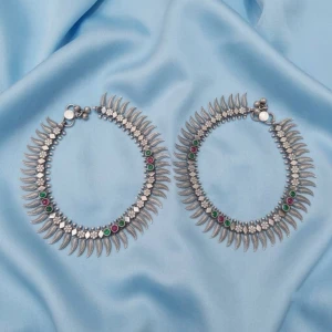 Antique Oxidized Silver Leaf & Gemstone Anklet Pair Main View