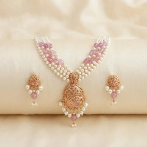Traditional Gold Pearl and Pink Stone Necklace Set Main View