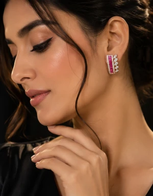 Elegant Pink Ruby & Diamond Hoop Earrings for Women Gallery View