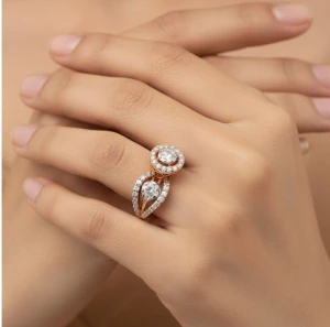 Rose Gold Diamond Halo & Leaf Cluster Ring Main View
