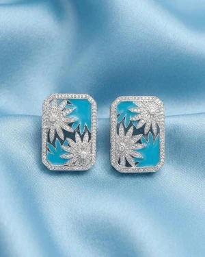 Sterling Silver Floral Enamel CZ Earrings Main View
