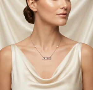 Rose Gold Mixed-Cut Stone & Pearl Station Necklace Gallery View