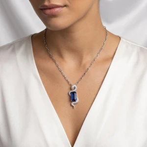 Sterling Silver Blue Gemstone Snake Pendant Necklace Main View