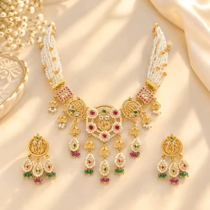 Royal Kundan & Pearl Multi-Strand Necklace Set with Matching Earrings Main View