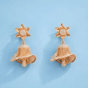 Floral Mesh Bell Gold Jhumka Earrings Main View