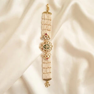 Gold Women’s Pearl & Green Stone Designer Bracelet Main View