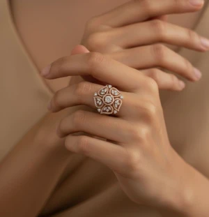Rose Gold Diamond Floral Statement Ring Main View