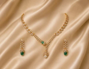 Gold Diamond Green Emerald & Pearl Women’s Half Set – Necklace & Earrings Main View