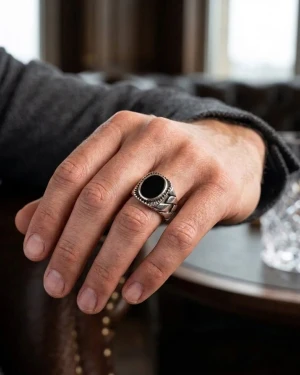 Bold Black Stone Silver Men's Ring Main View