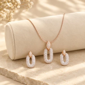 Pavé Oval Diamond Pendant and Earrings Set Main View