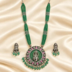 Divine Laxmi Antique Silver Emerald Bead Necklace Set Main View