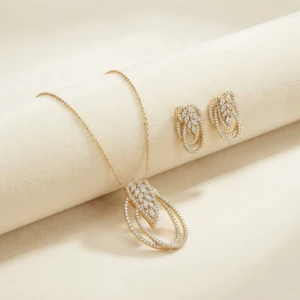 Exquisite Leaf-Pattern Diamond Pendant and Earring Set Main View