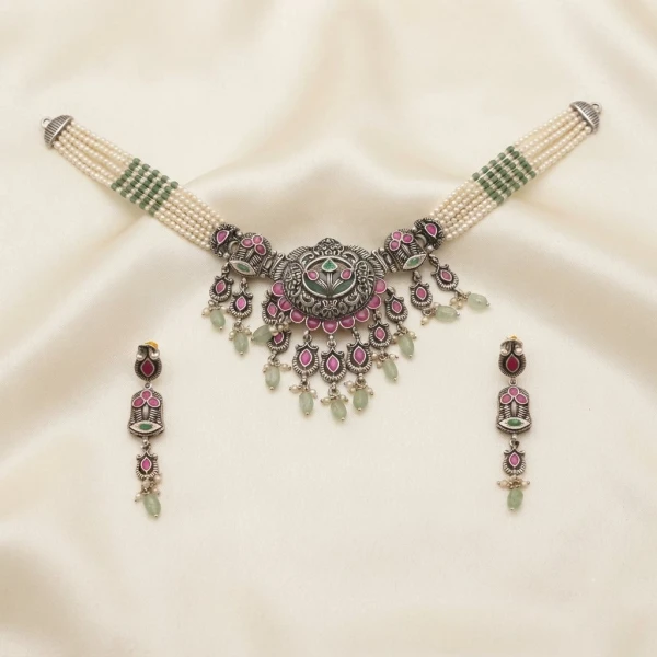 Oxidized Silver Pink & Green Stone Choker Set with Pearl Strands