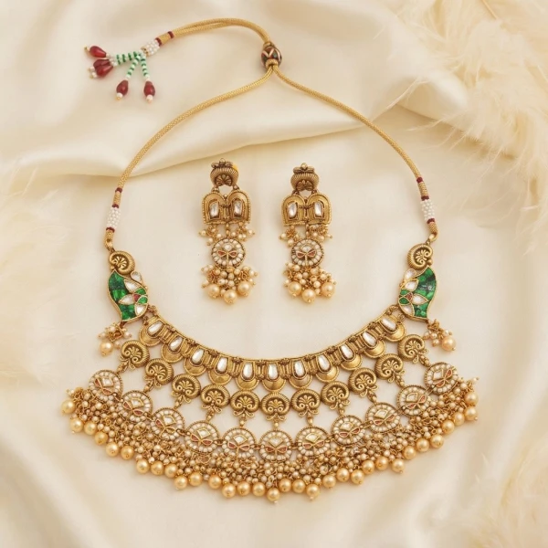 Traditional Gold-Plated Layered Choker Necklace Set with Green Enamel & Pearls