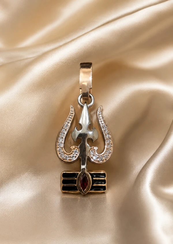 Gold Trishul Men’s Pendant with Red Stone & Black Enamel