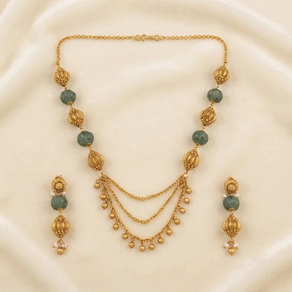 Gold-Plated Beaded Necklace Set with Green Beads and Cascading Chains