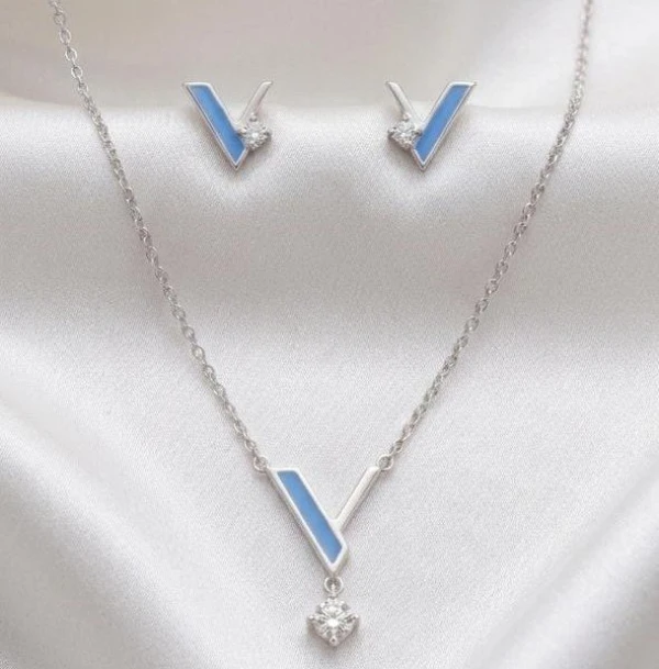 Silver Blue Enamel V-Motif Pendant & Earring Set