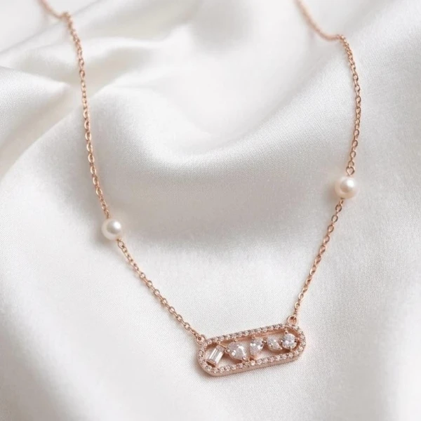 Rose Gold Mixed-Cut Stone & Pearl Station Necklace