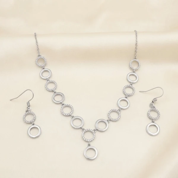 Silver Cubic Zirconia Circle Link Necklace and Earrings Set