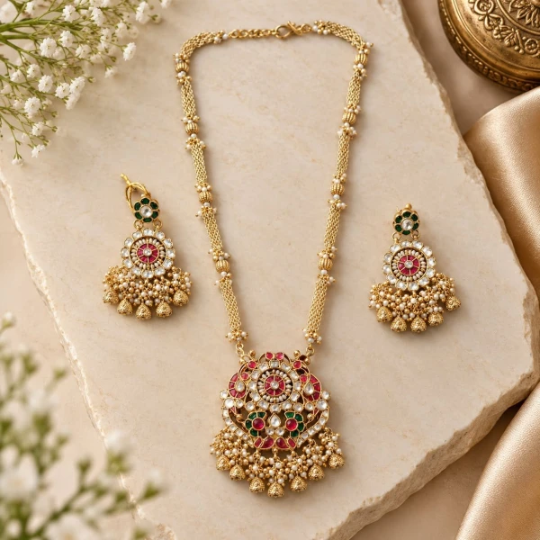 Royal Gold Pendant Necklace Set with Ruby, Emerald & Pearl Drop Clusters