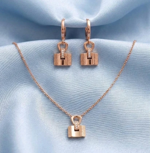 Silver Rose Gold-Tone Lock Motif Pendant & Earring Set